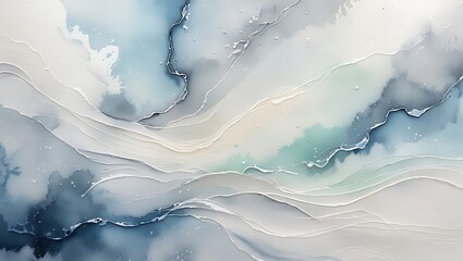 Abstract watercolor painting featuring fluid blues and grays with artistic liquid texture