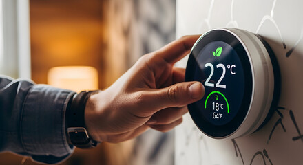 Smart home thermostat controlling temperature for energy savings and eco friendly lifestyle with green leaf display, modern climate control system