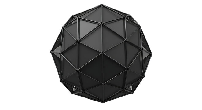 Intricate geometric dark gray futuristic egg shaped object with faceted panels isolated on white background