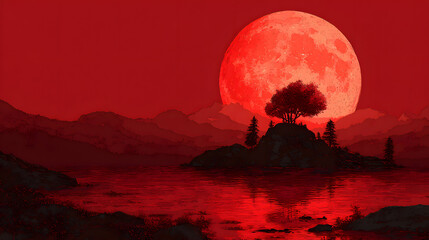Mystical landscape with blood red moon. Blood Moon Rituals. Illustration