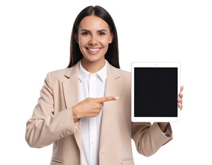 Smiling Businesswoman in Beige Suit Holding Digital Tablet and Pointing – Transparent Background.