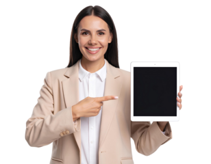Smiling Businesswoman in Beige Suit Holding Digital Tablet and Pointing – Transparent Background.