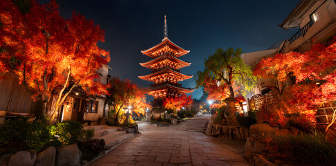Vibrant Autumn Night Scene Featuring a Traditional Pagoda Surrounded by Illuminated Foliage