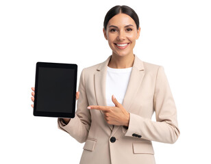 Smiling Businesswoman in Beige Suit Holding Digital Tablet and Pointing – Transparent Background.