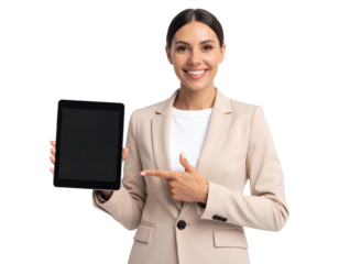 Smiling Businesswoman in Beige Suit Holding Digital Tablet and Pointing – Transparent Background.