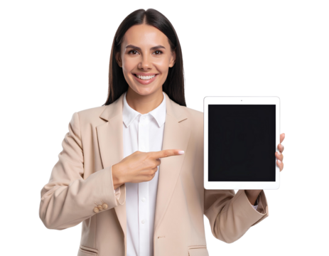 Smiling Businesswoman in Beige Suit Holding Digital Tablet and Pointing – Transparent Background.