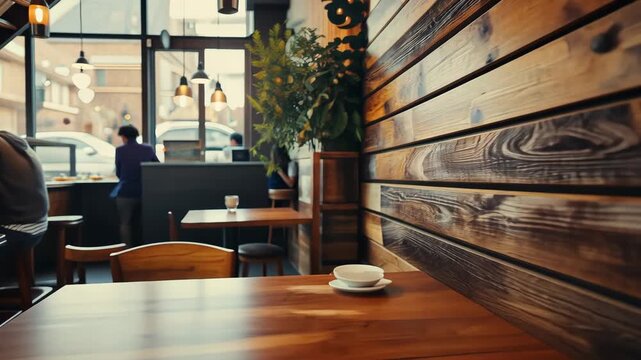 Natural light fills the warm cafe, where customers sit at wooden tables, enjoying drinks and conversation in a relaxed atmosphere