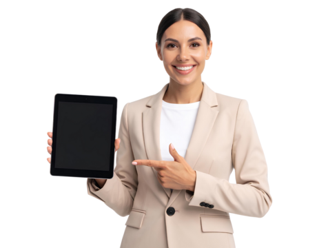 Smiling Businesswoman in Beige Suit Holding Digital Tablet and Pointing – Transparent Background.
