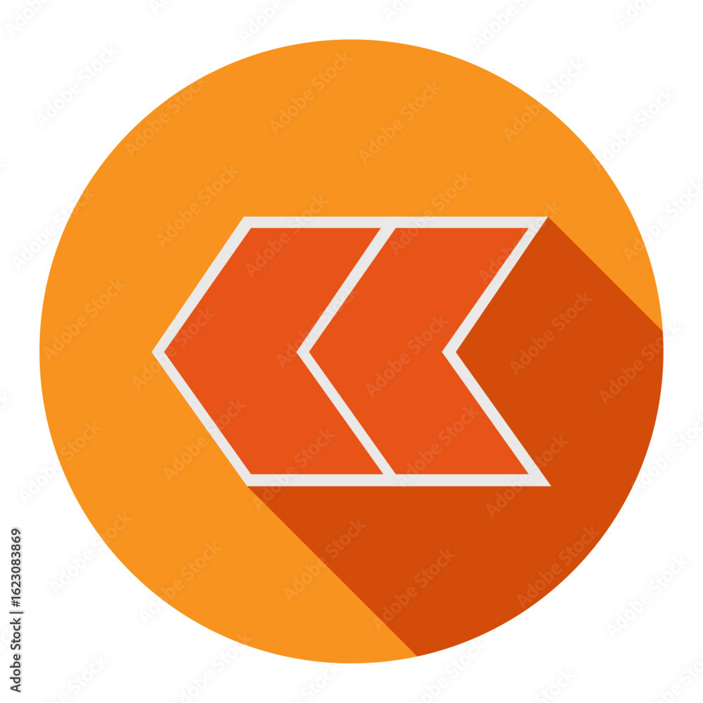 Poster white chevron arrows pointing left on orange circular background with shadow effect, navigation icon