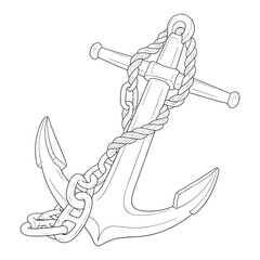 Illustration of an anchor with rope and chain on white colouring page © sumit