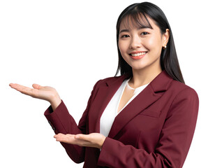 Smiling Woman in Maroon Blazer with Open-Hand Gesture – Transparent PNG.