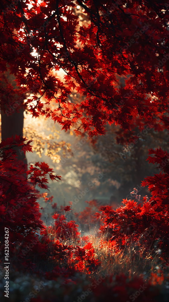Poster vibrant red autumn leaves and soft sunlight filtering through trees in a serene forest