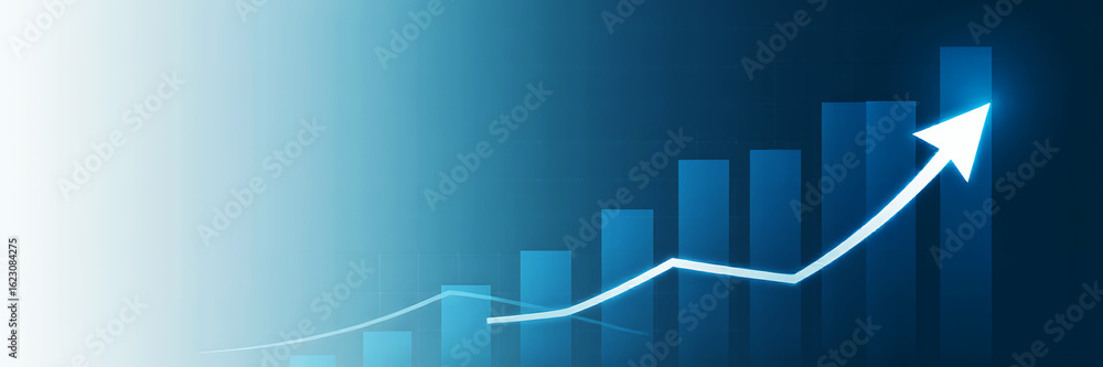 Poster ascending bar graph with a rising arrow indicating growth on a gradient blue background