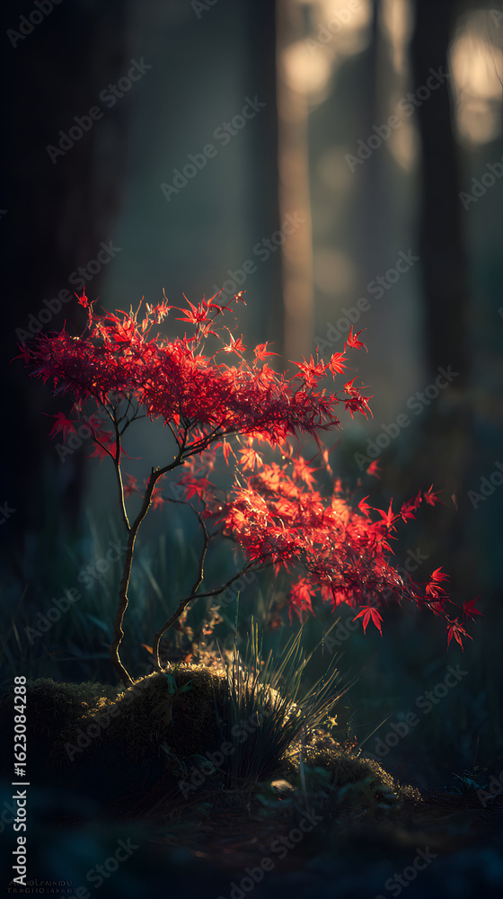Poster vibrant red maple tree illuminated by soft sunlight in a serene forest setting