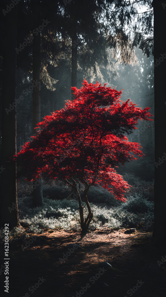Poster vibrant red foliage of a small tree illuminated by dappled sunlight in a dark forest setting