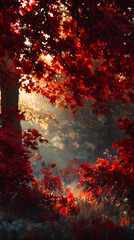 Vibrant Red Autumn Leaves and Soft Sunlight Filtering Through Trees in a Serene Forest