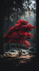 Vibrant Red Foliage of a Small Tree Illuminated by Dappled Sunlight in a Dark Forest Setting
