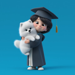Photorealistic rendering of a cute 3-year-old girl with short dark hair, in an adult-sized phd cap and gown holding an adorable tiny samoyed puppy. The entire body of the girl and puppy are visible.