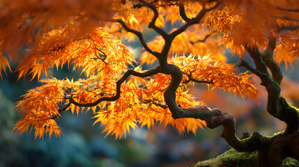 Vivid close-up of a stunning autumn bonsai tree with orange and golden leaves in a tranquil garden setting