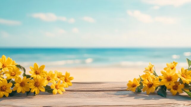 Yellow flowers on wooden surface against blurred ocean background. - Powered by Adobe