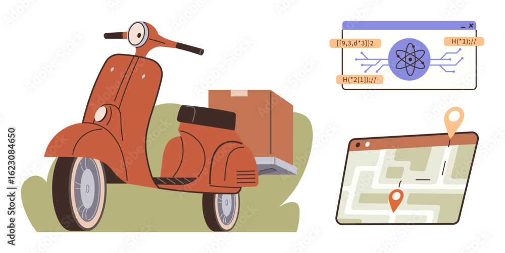 Poster red scooter parked with a delivery box, map with location markers, app interface displaying tech gra