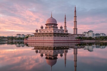 Majestic mosque at dawn, reflected in a tranquil lake.  Sunrise hues paint the sky and structure