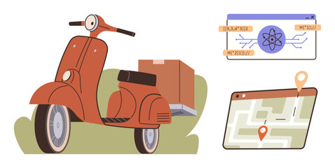 Red scooter parked with a delivery box, map with location markers, app interface displaying tech graphics. Ideal for delivery, logistics, mobility, technology, navigation, online shopping simple