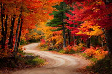 Winding Dirt Road Surrounded by Vibrant Red and Orange Autumn Foliage in Serene Natural Setting