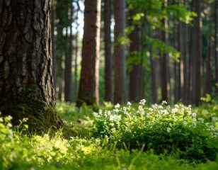 Lush Forest Floor Scene with Sunlight, Trees, and Wildflowers in Nature