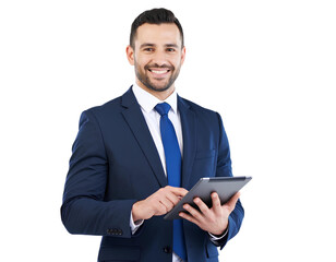 Stylish Businessman Standing with Tablet and Smiling – Transparent Background PNG.