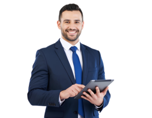 Stylish Businessman Standing with Tablet and Smiling – Transparent Background PNG.