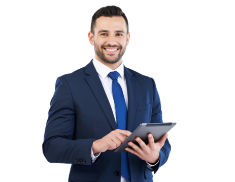 Stylish Businessman Standing with Tablet and Smiling – Transparent Background PNG.