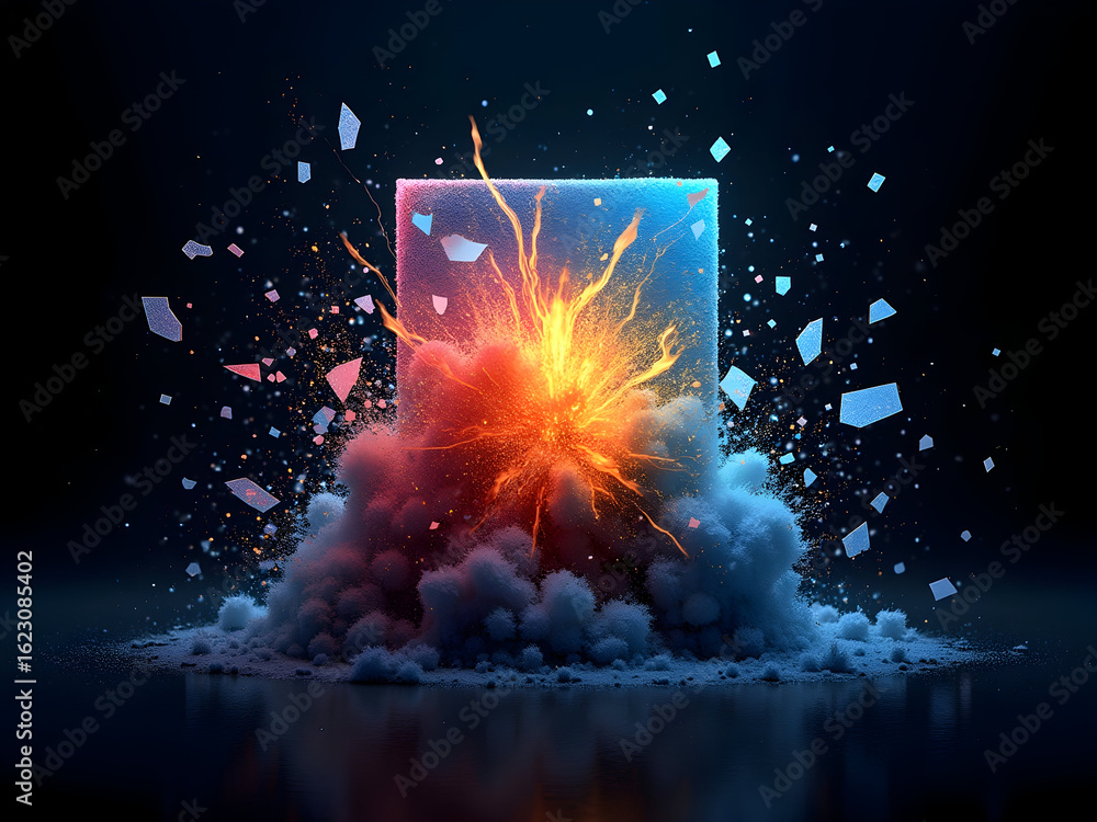Poster abstract rectangular block explosion, a mesmerizing display of light, energy, and fractured formatio