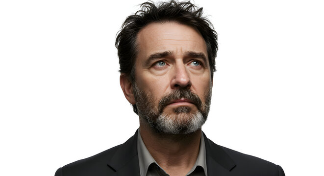 A pensive middle-aged man with a thoughtful expression gazes intently into the distance, lost in contemplation, his rugged features and salt and pepper beard adding to his distinguished appearance.
