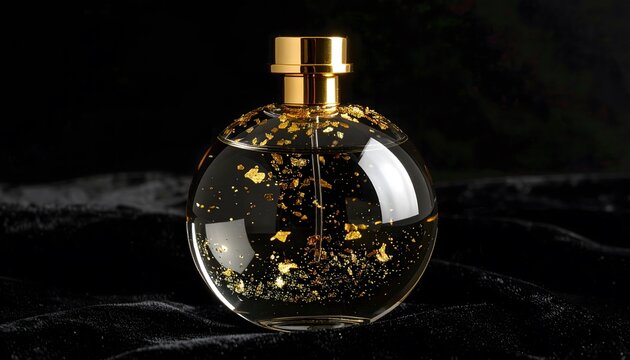 Luxury Perfume Bottle with Gold Flakes, Isolated on Black Background