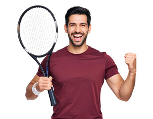 Victorious Male Tennis Player in Red Shirt with Racket Raised – Transparent PNG.
