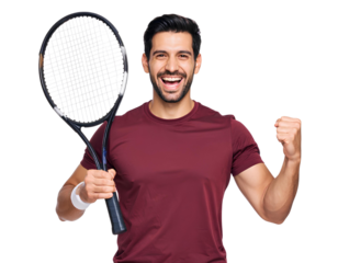 Victorious Male Tennis Player in Red Shirt with Racket Raised – Transparent PNG.