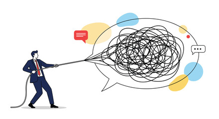 Business professional struggling to untangle complex communication challenges and find clarity in a chaotic information landscape