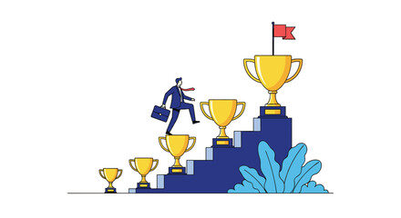 Successful businessman climbing career ladder with trophies towards the ultimate goal and winning a championship flag at the top