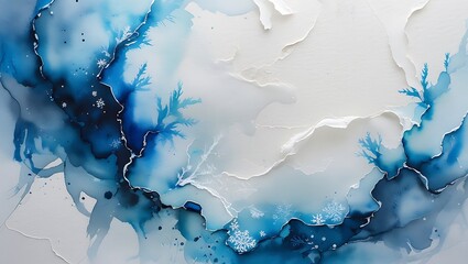 Abstract winter watercolor painting featuring blue hues snowflakes and textured background