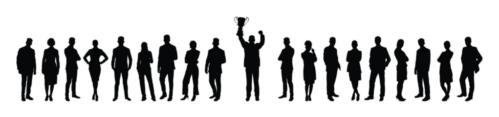 A diverse and confident group of business people poses together in row with businessman holding trophy raising arms success silhouettes.