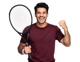 Victorious Male Tennis Player in Red Shirt with Racket Raised – Transparent PNG.