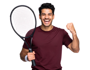 Victorious Male Tennis Player in Red Shirt with Racket Raised – Transparent PNG.