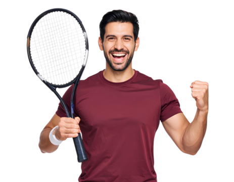 Victorious Male Tennis Player in Red Shirt with Racket Raised – Transparent PNG.