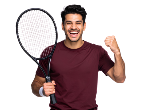 Victorious Male Tennis Player in Red Shirt with Racket Raised – Transparent PNG.