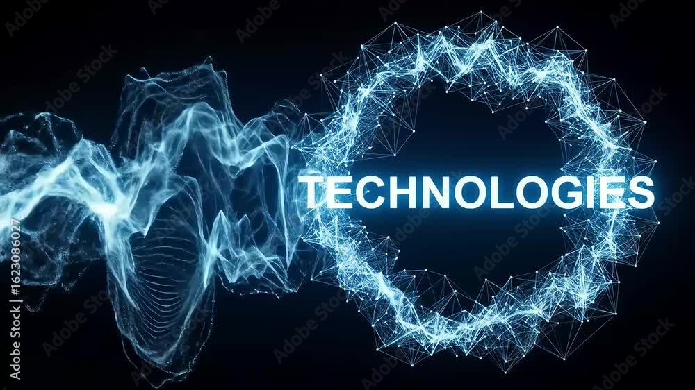Poster abstract network forming ring with glowing text on dark background