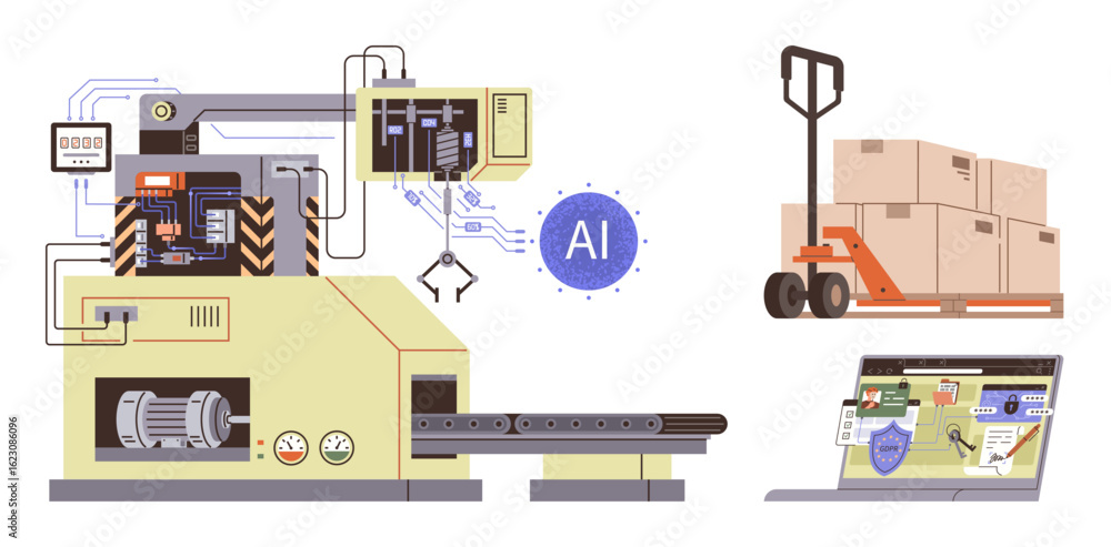 Poster modern factory setup with ai-driven robotic arm, conveyor, boxes on trolley, and inventory dashboard