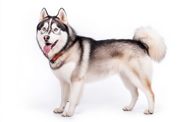 Obraz premium Siberian husky dog standing on white background with fluffy fur and blue eyes, displaying alert expression and friendly demeanor.