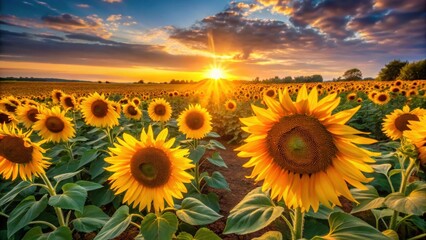 Obraz premium Golden Hour Sunbeams Illuminating a Vast Field of Vibrant Sunflowers at Sunset