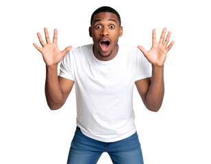 Young Man Expressing Surprise with Raised Eyebrows and Hands Frozen Mid-Air – PNG Cutout.